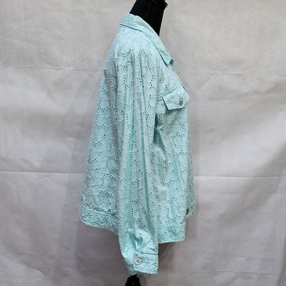 Appleseed's Petite Light Teal Eyelet Button Up 100% Cotton Jacket Sz PXL - Picture 5 of 7